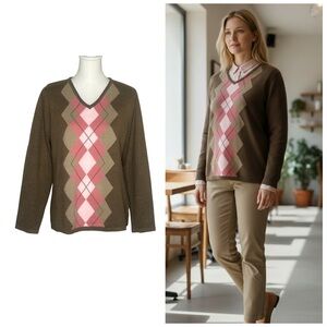 Croft & Barrow Pink Brown Argyle V-Neck Sweater EUC size M preppy collegiate